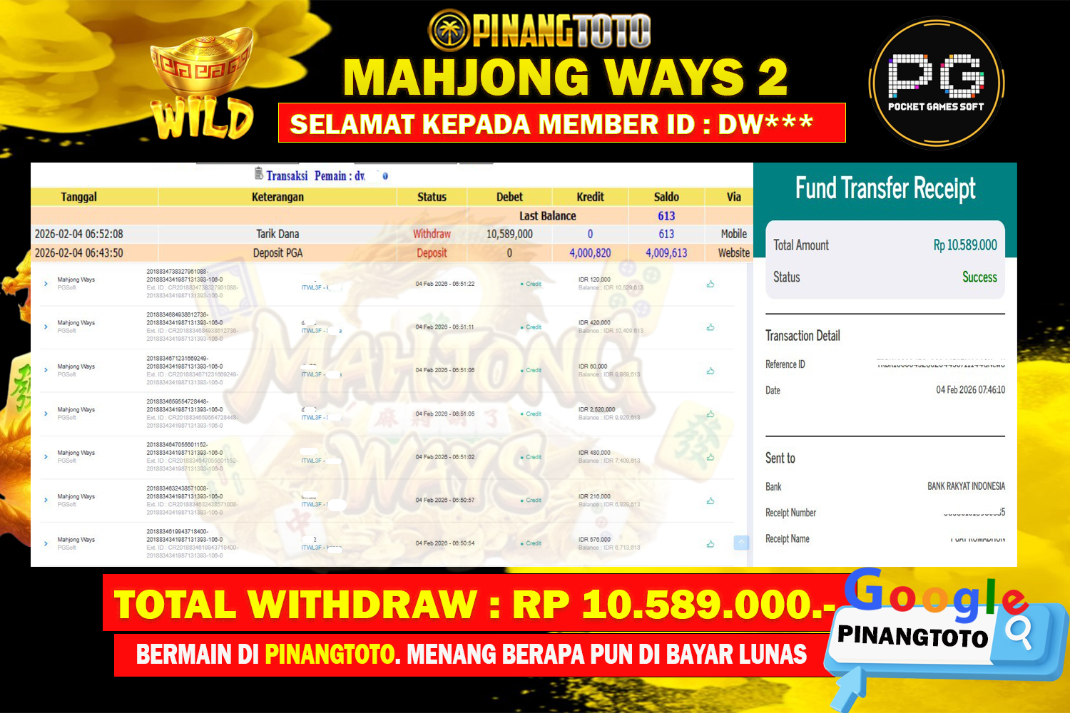 SELAMAT KEPADA PEMENANG MEMBER MERAIH JACKPOT DI GAME SLOT MAHJONG WAYS 1 (PG SOFT) TOTAL RP 10.589.000 DI BAYAR LUNAS